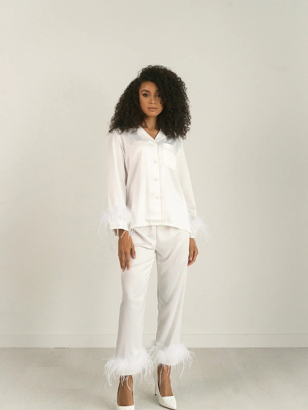 Feather-Trim White Satin Pajama Set